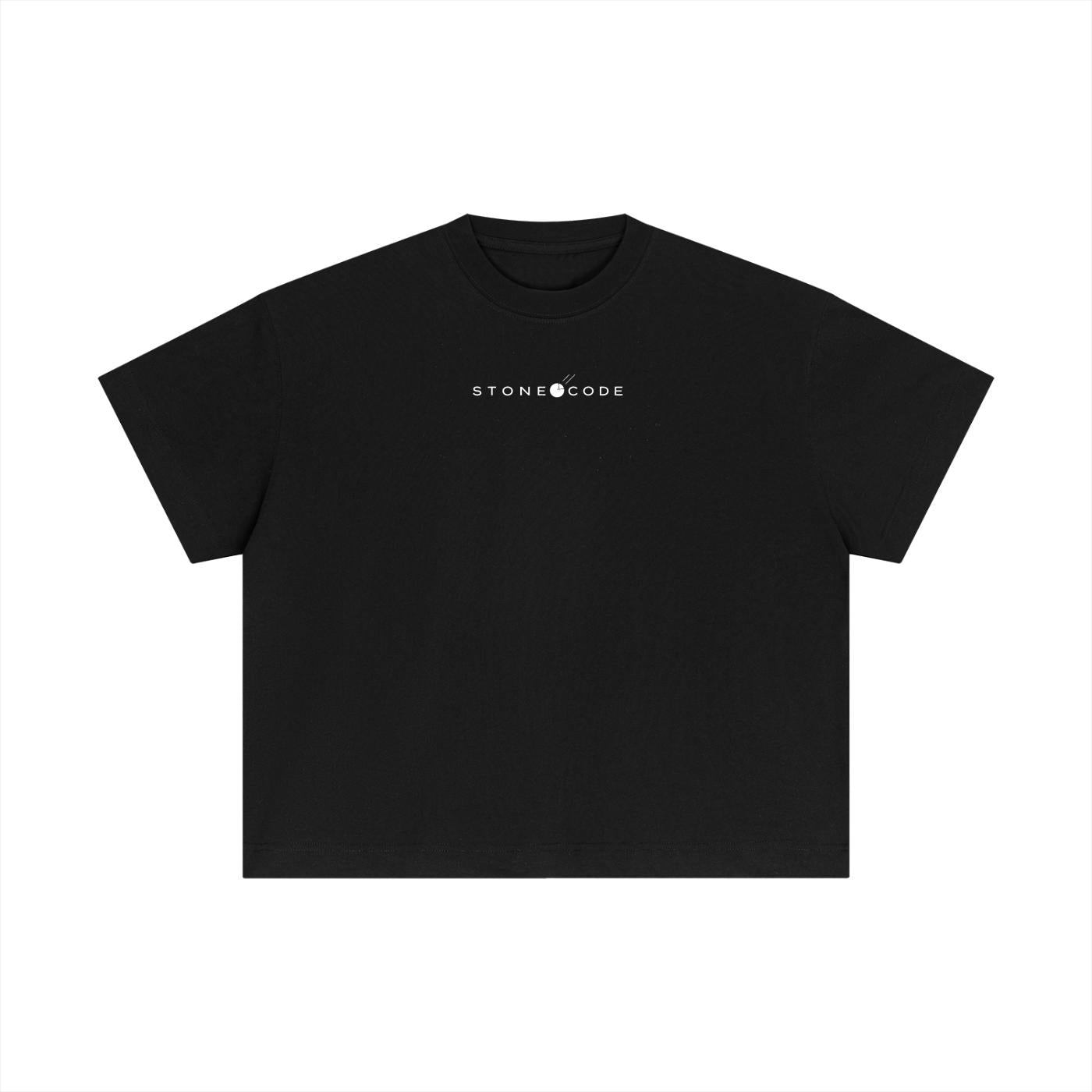 Black essential cotton boxy t-shirt with white "STONE CODE" logo, short drop sleeves, and round neck.