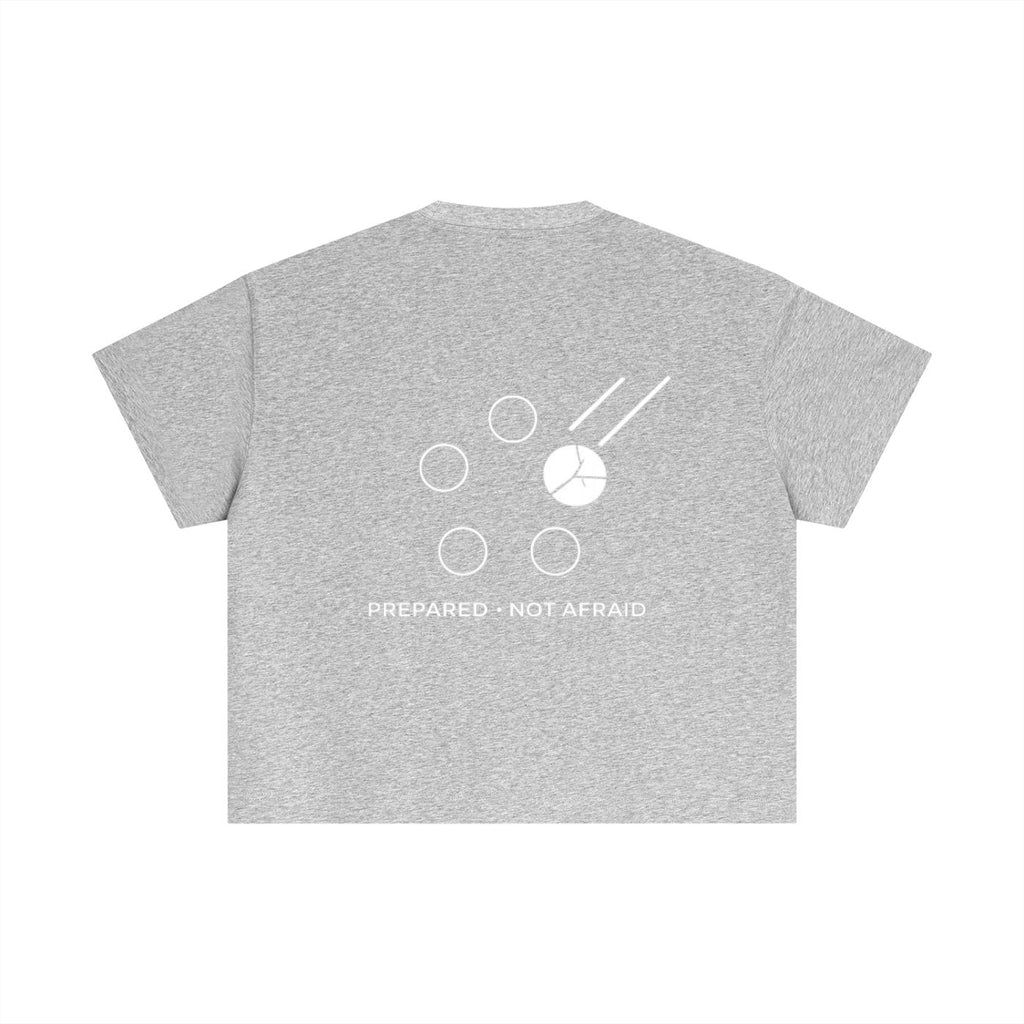 Back of a heather grey essential cotton boxy t-shirt with a white graphic and "PREPARED • NOT AFRAID" text.