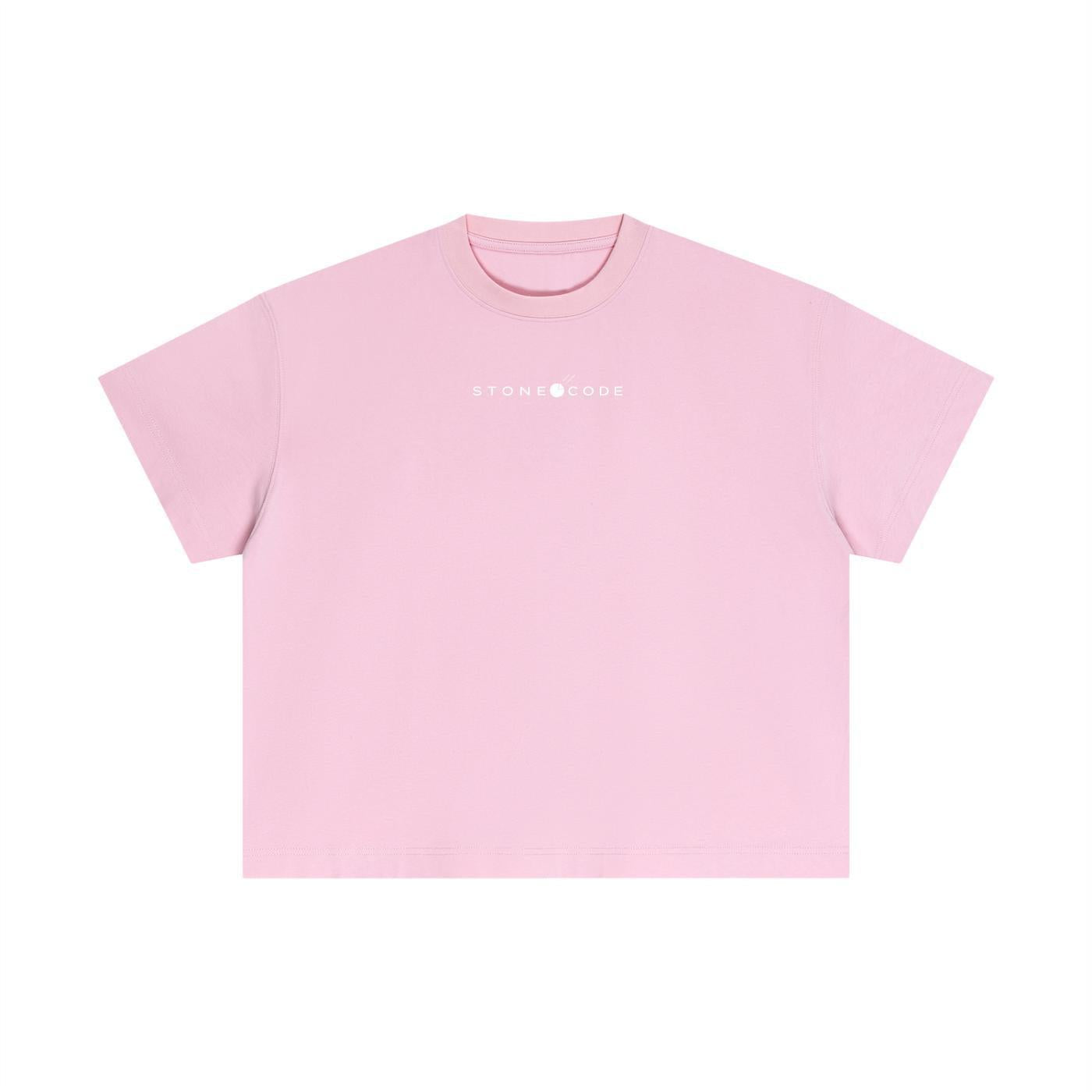 Pink Essential Cotton Boxy T-Shirt with white "STONE CODE" logo, short drop sleeves, and round neck.