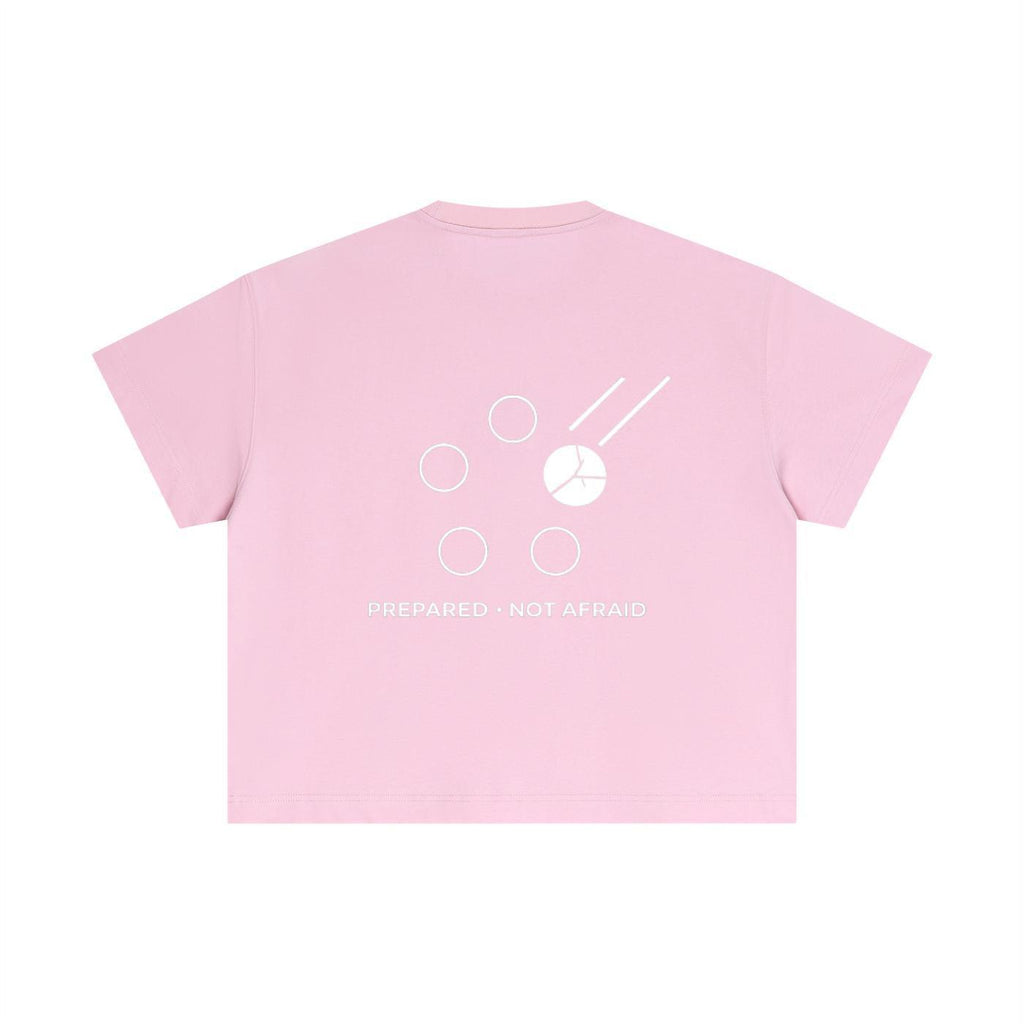 Pink essential cotton boxy t-shirt with white graphic print and "PREPARED • NOT AFRAID" text on the back.