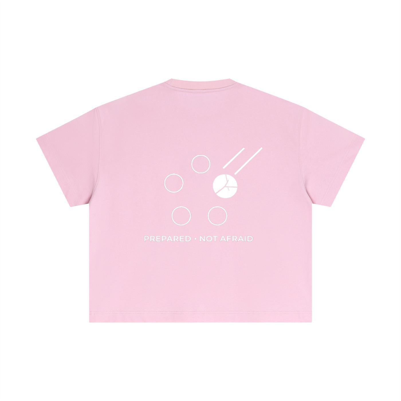 Pink essential cotton boxy t-shirt with white graphic print and "PREPARED • NOT AFRAID" text on the back.