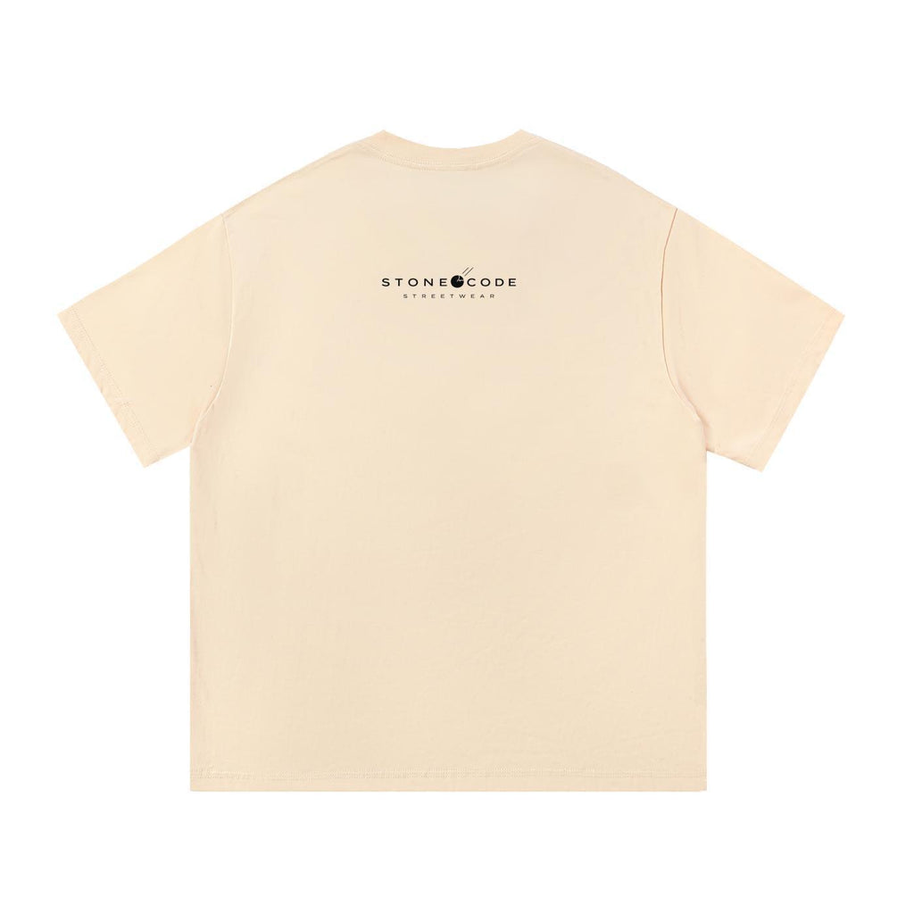 Back of a light peach pure cotton regular fit t-shirt with "STONE CODE STREETWEAR" logo in black.