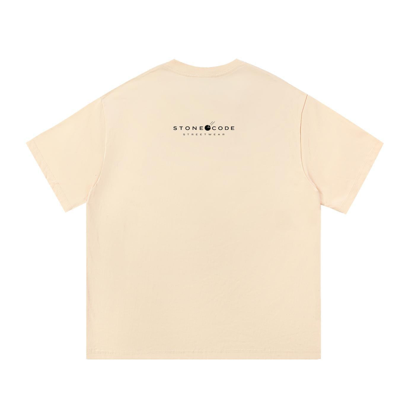 Back of a light peach pure cotton regular fit t-shirt with "STONE CODE STREETWEAR" logo in black.