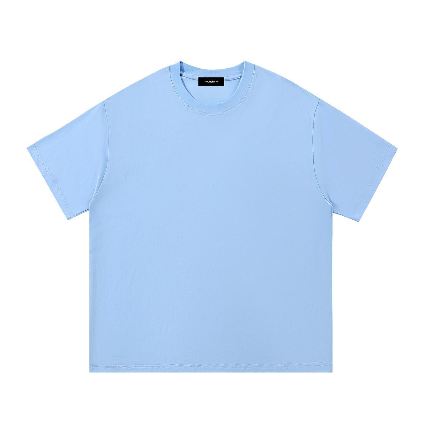 Light blue 100% cotton short sleeve round neck t-shirt with a regular, loose fit for spring and summer.