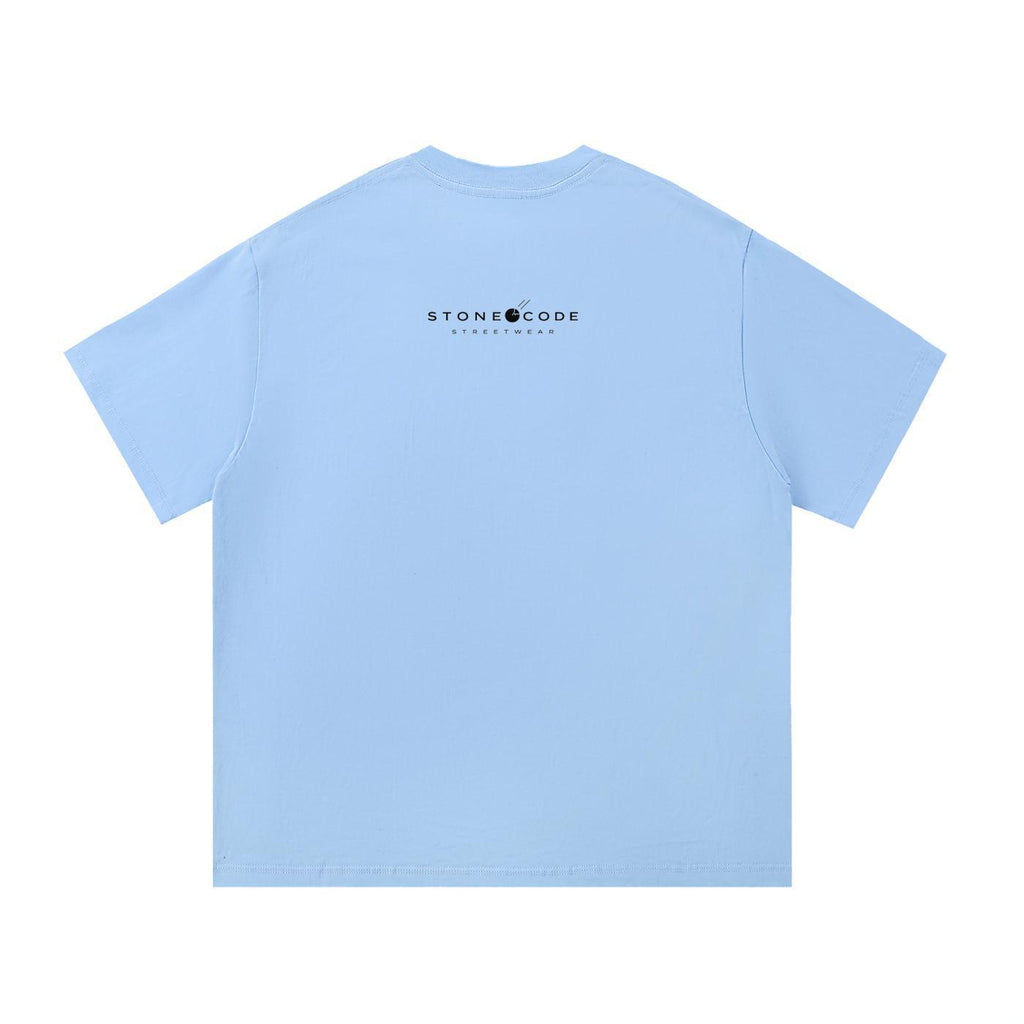 Light blue essential cotton t-shirt with "STONE CODE STREETWEAR" logo on the back.