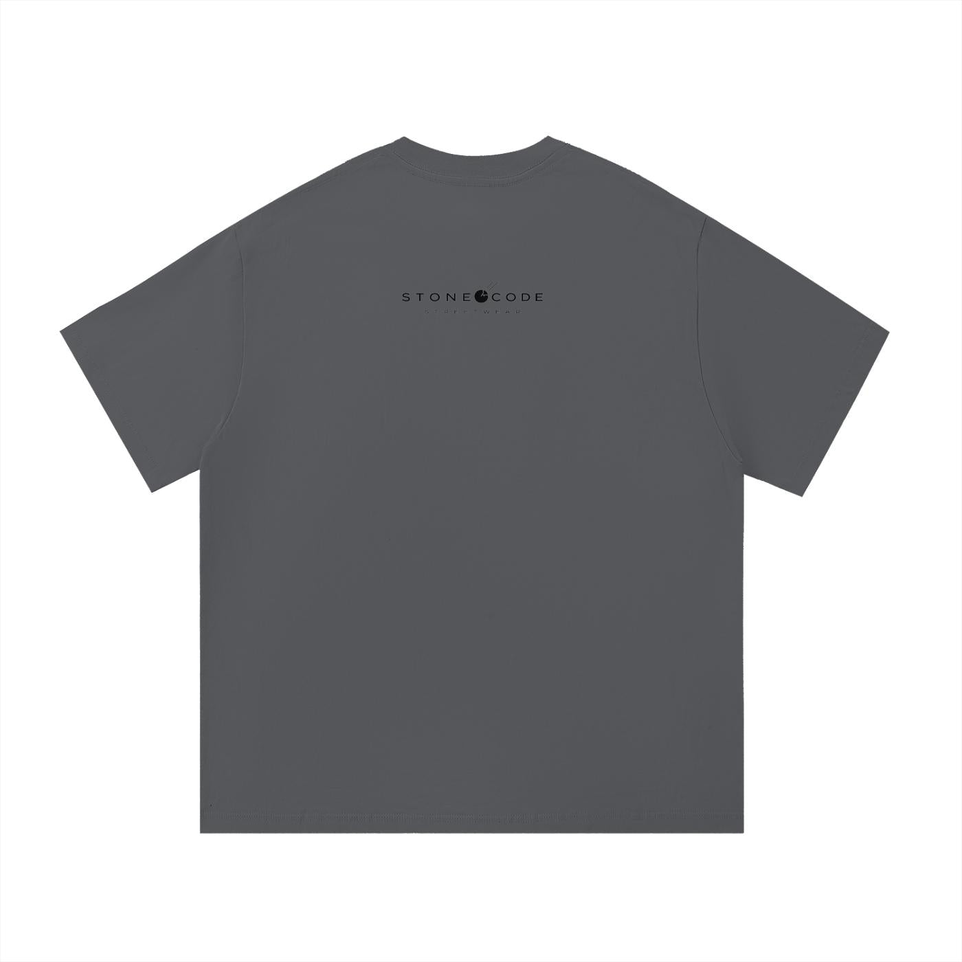 Dark gray 100% cotton regular fit t-shirt with a small black "STONE CODE" logo on the upper back.
