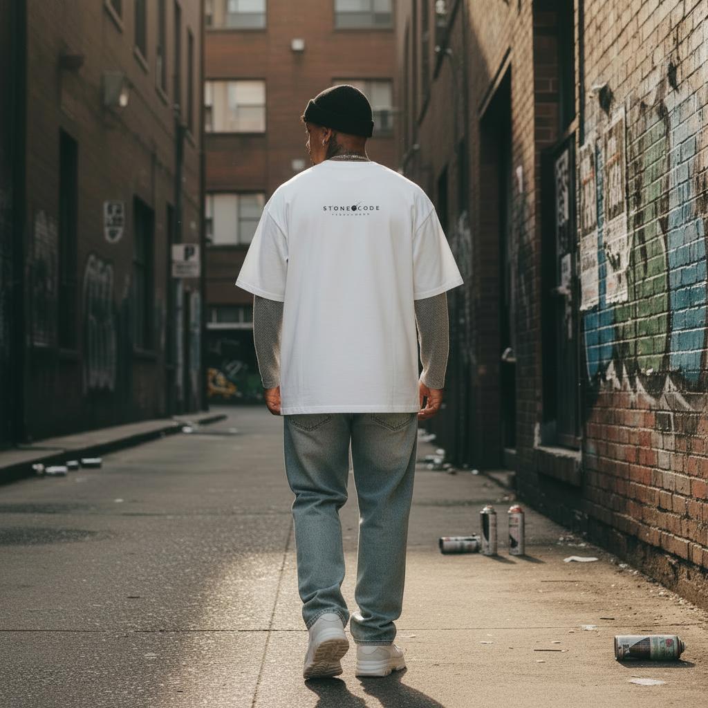 Unisex white pure cotton loose-fit t-shirt with "STONECODE" logo, worn over a grey long-sleeve shirt, paired with light wash jeans.