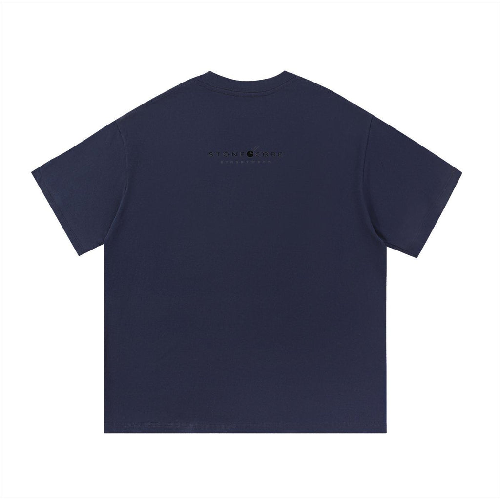 Navy blue 100% cotton regular fit t-shirt with "STONE CODE" logo on the back.