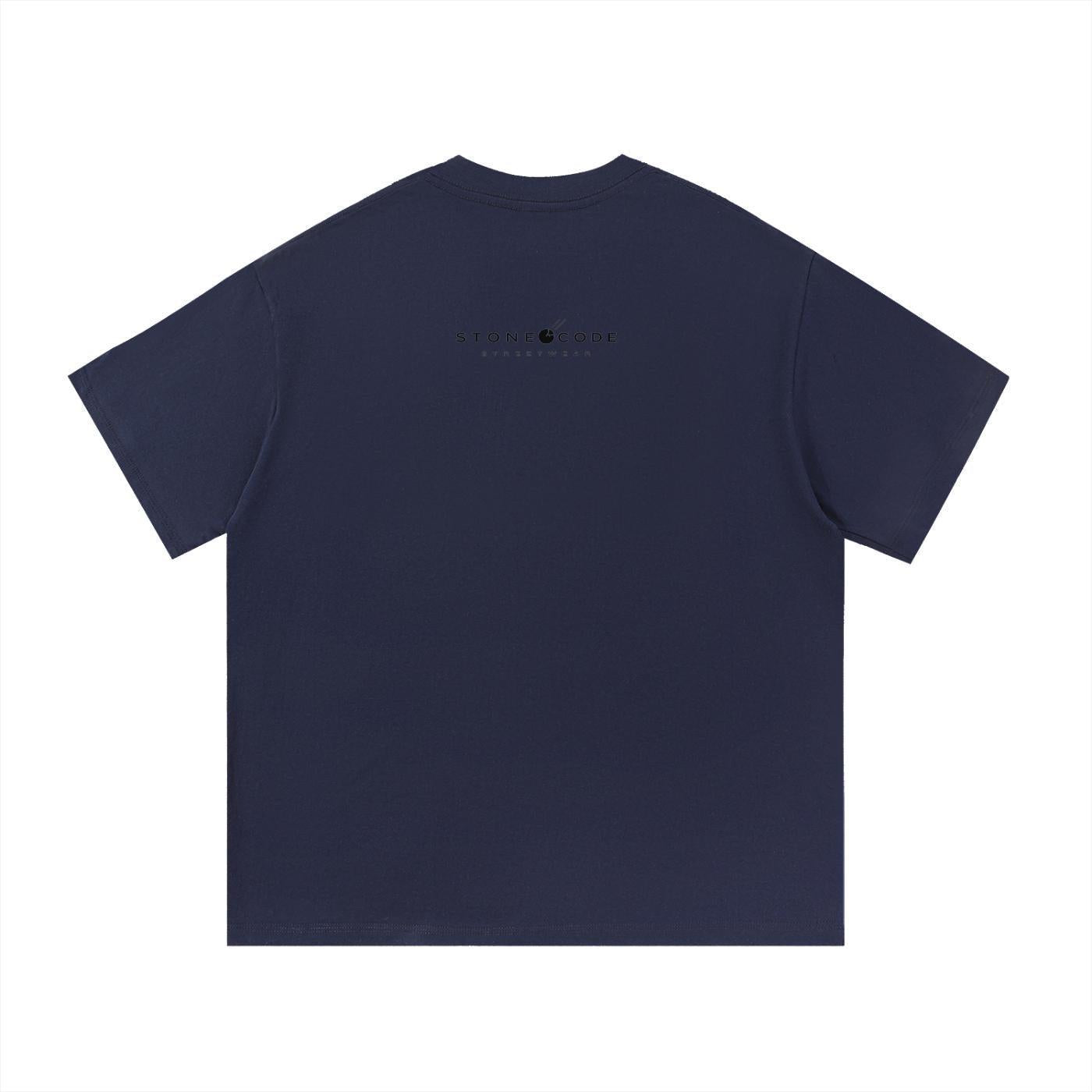 Navy blue 100% cotton regular fit t-shirt with "STONE CODE" logo on the back.