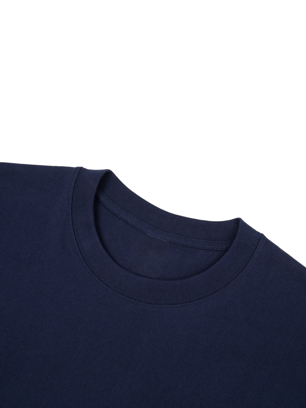 Dark blue 100% cotton short-sleeve t-shirt with a round neck, showcasing the fabric texture.