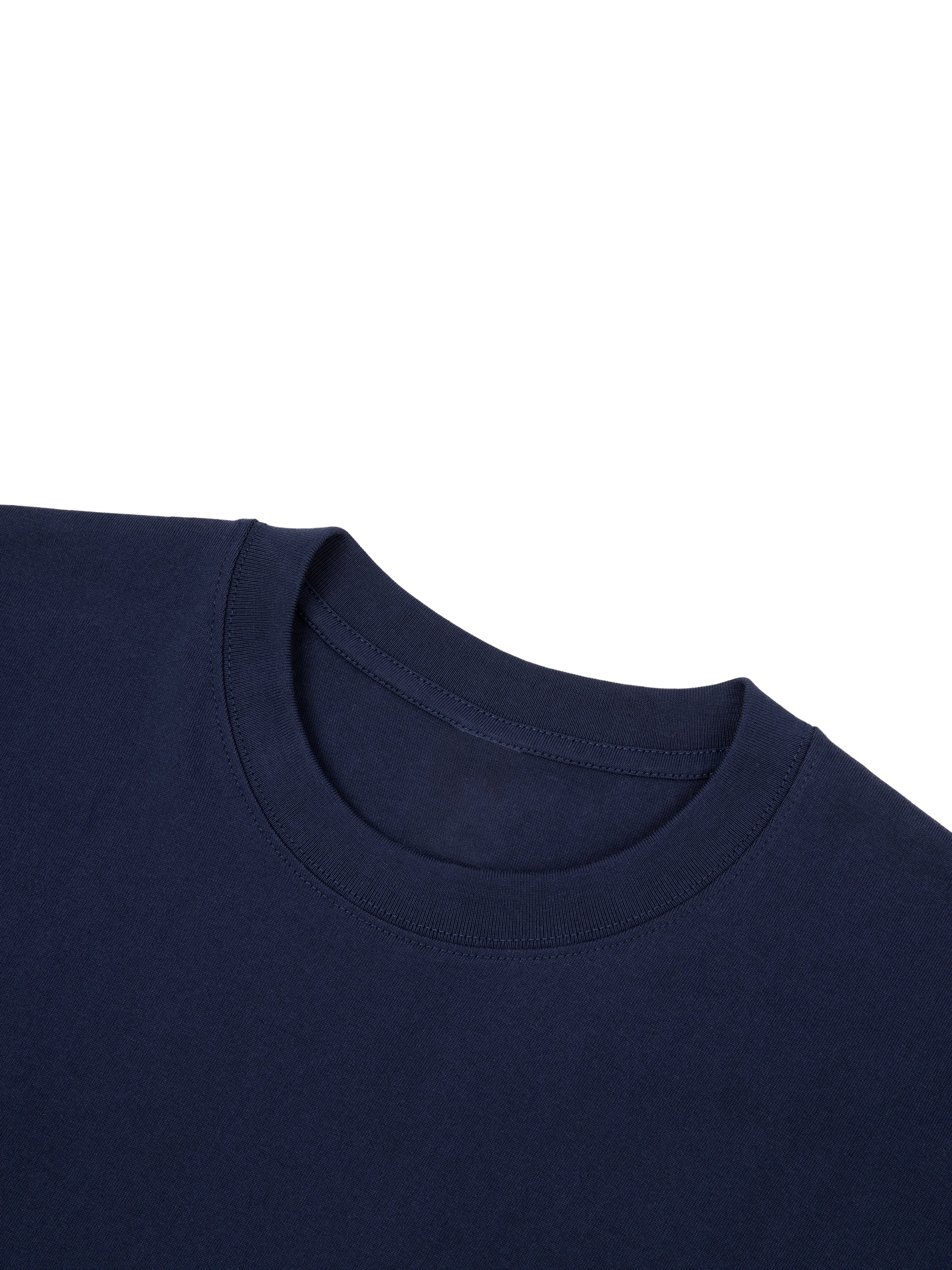 Dark blue 100% cotton short-sleeve t-shirt with a round neck, showcasing the fabric texture.