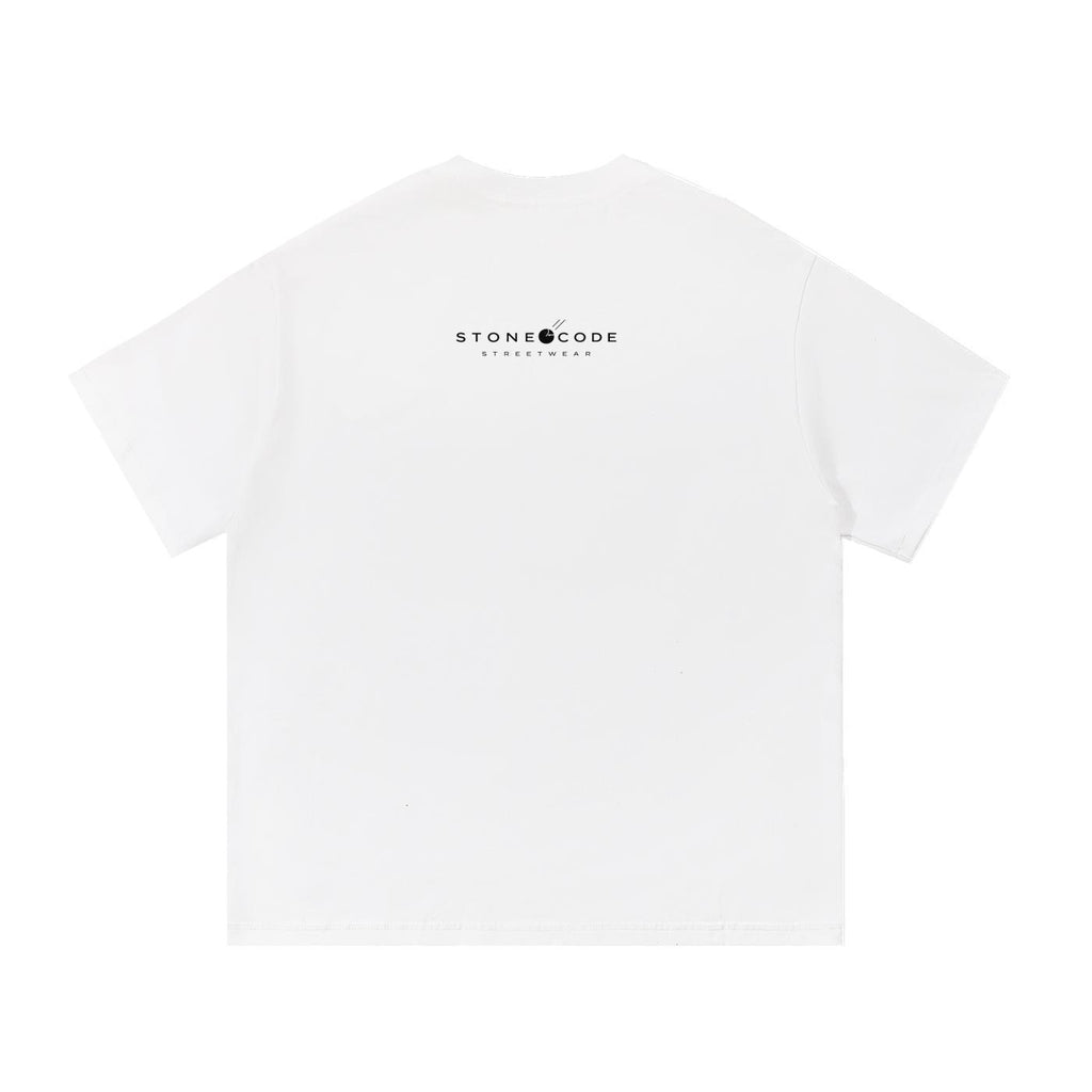 White 100% cotton short-sleeve t-shirt with "STONE CODE STREETWEAR" logo printed in black on the back.