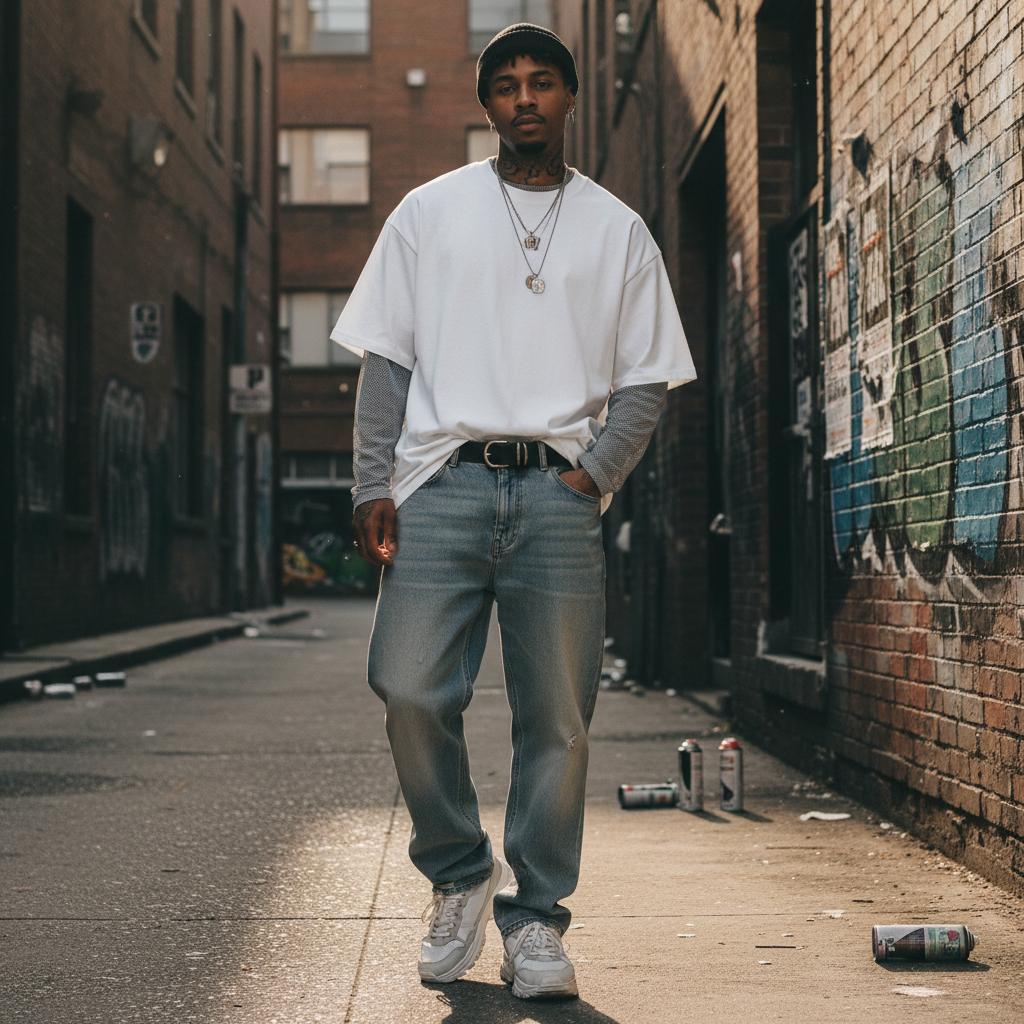 Unisex model wearing a loose white 100% cotton Essential T-Shirt layered over a grey long-sleeve shirt, with light wash jeans and a black beanie, walking in an urban alley.