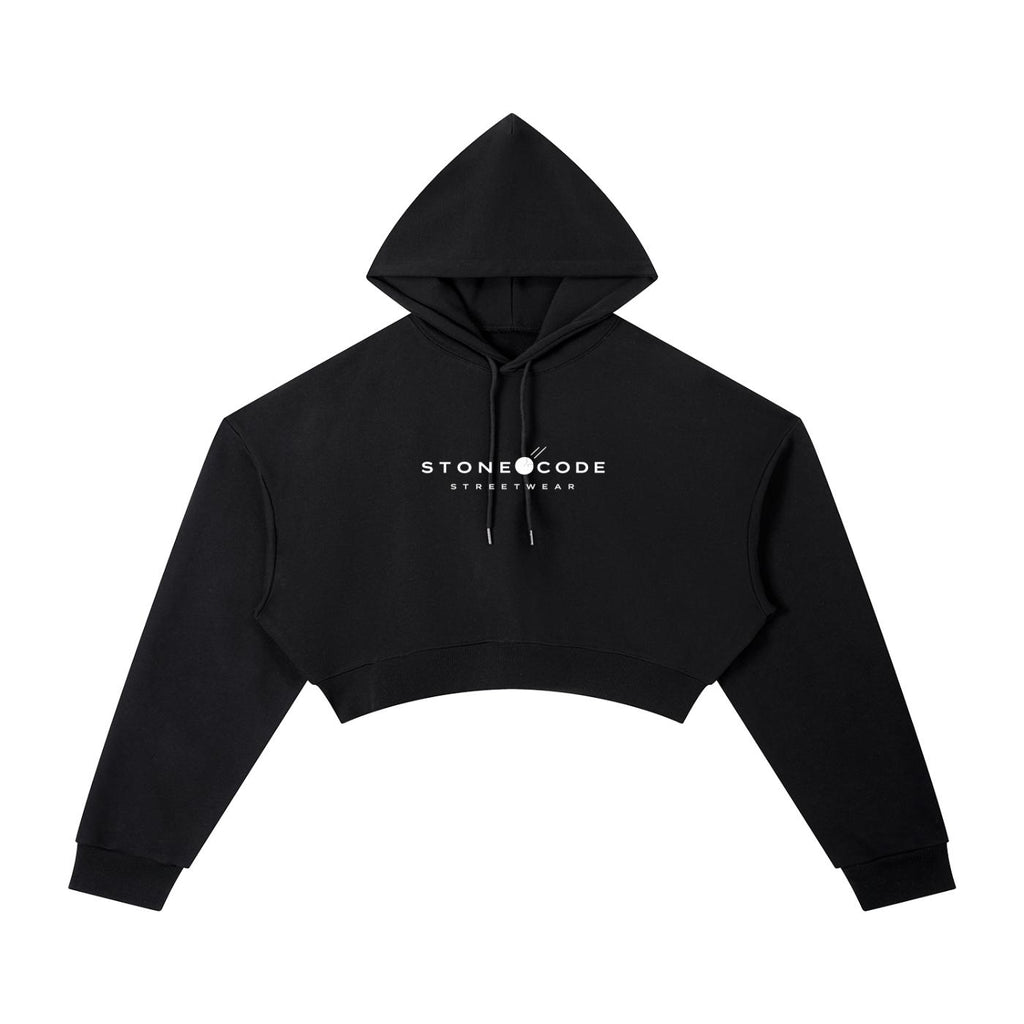 Black oversized cropped hoodie with "STONE CODE STREETWEAR" logo, drawstring hood, and drop shoulders.