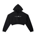 Black oversized cropped hoodie with "STONE CODE STREETWEAR" logo, drawstring hood, and drop shoulders.
