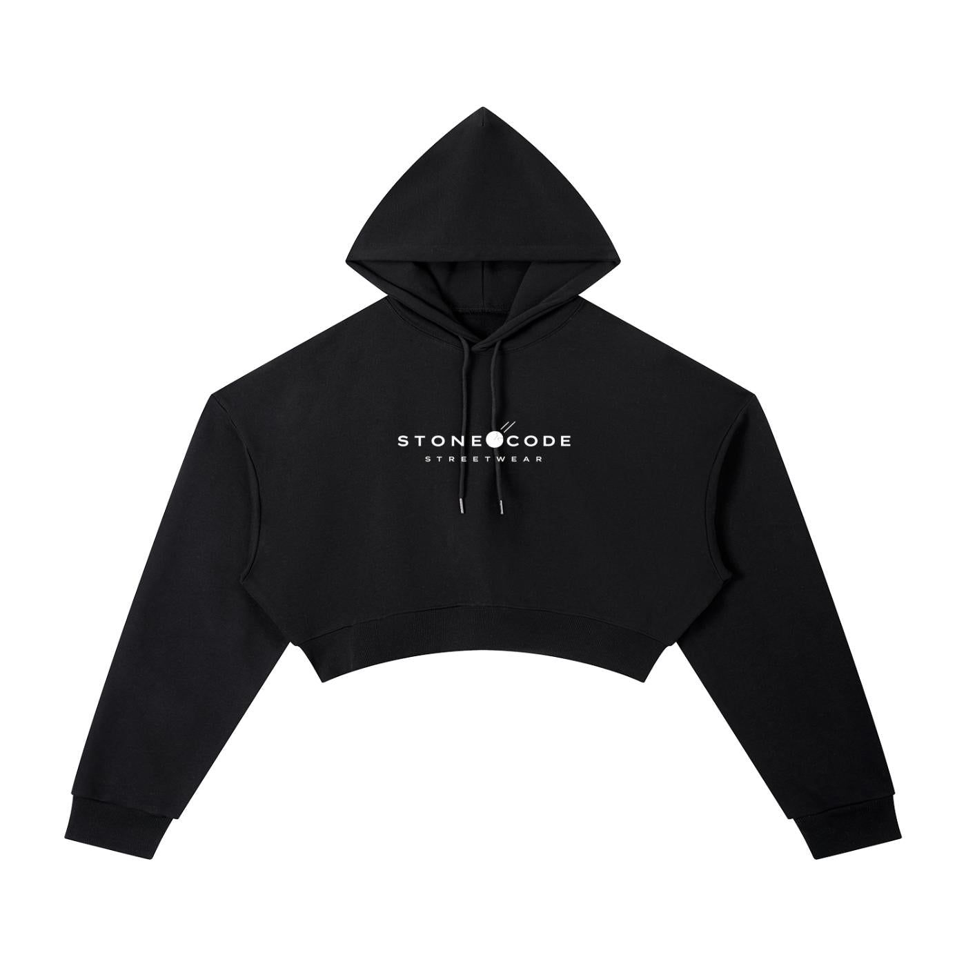 Black oversized cropped hoodie with "STONE CODE STREETWEAR" logo, drawstring hood, and drop shoulders.