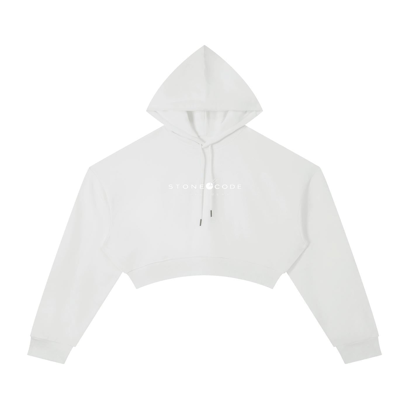 White oversized cropped hoodie with "STONECODE" logo, drawstring hood, and long drop-shoulder sleeves.