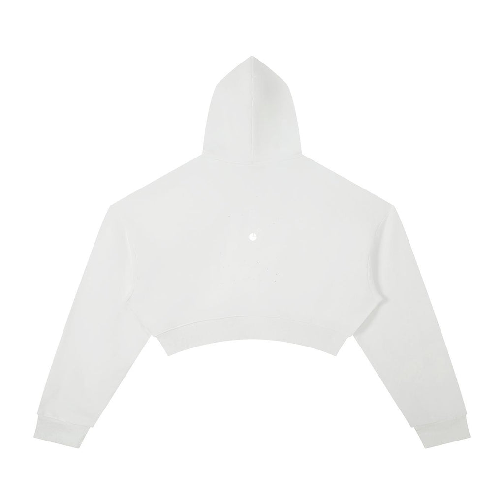 White oversized cropped hoodie for women, made from a cotton blend with a hood and drop shoulders.