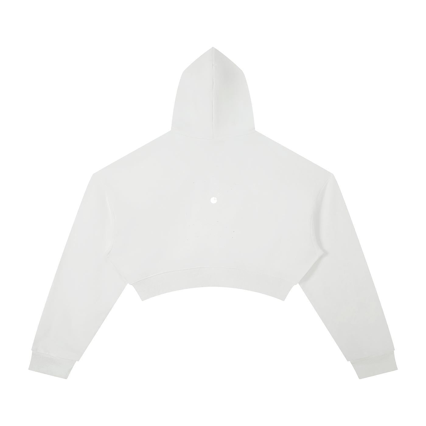 White oversized cropped hoodie for women, made from a cotton blend with a hood and drop shoulders.