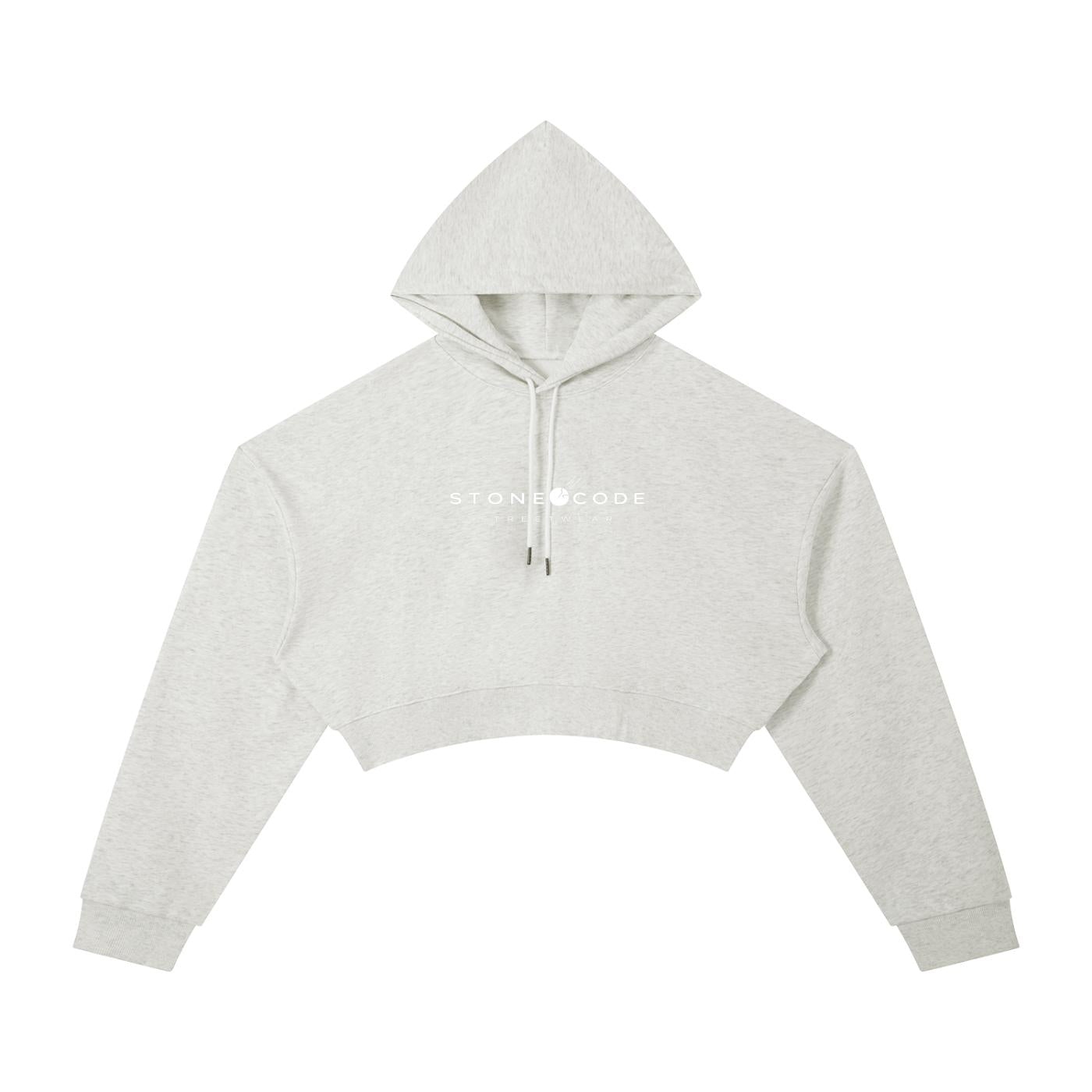 Light gray cropped hoodie with "STONE CODE" logo, drawstring hood, long sleeves, and drop shoulders.