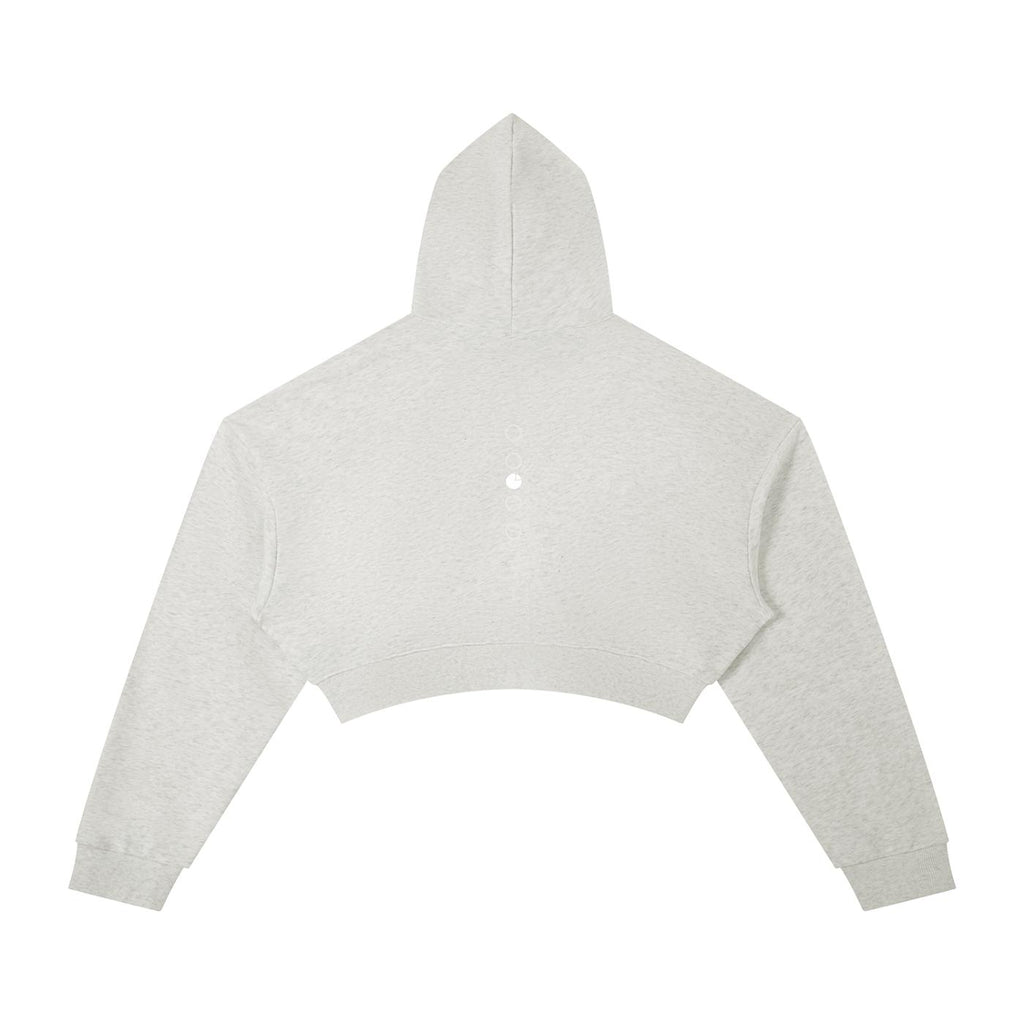 Light grey heather cropped hoodie with drawstring, drop shoulders, and ribbed cuffs.