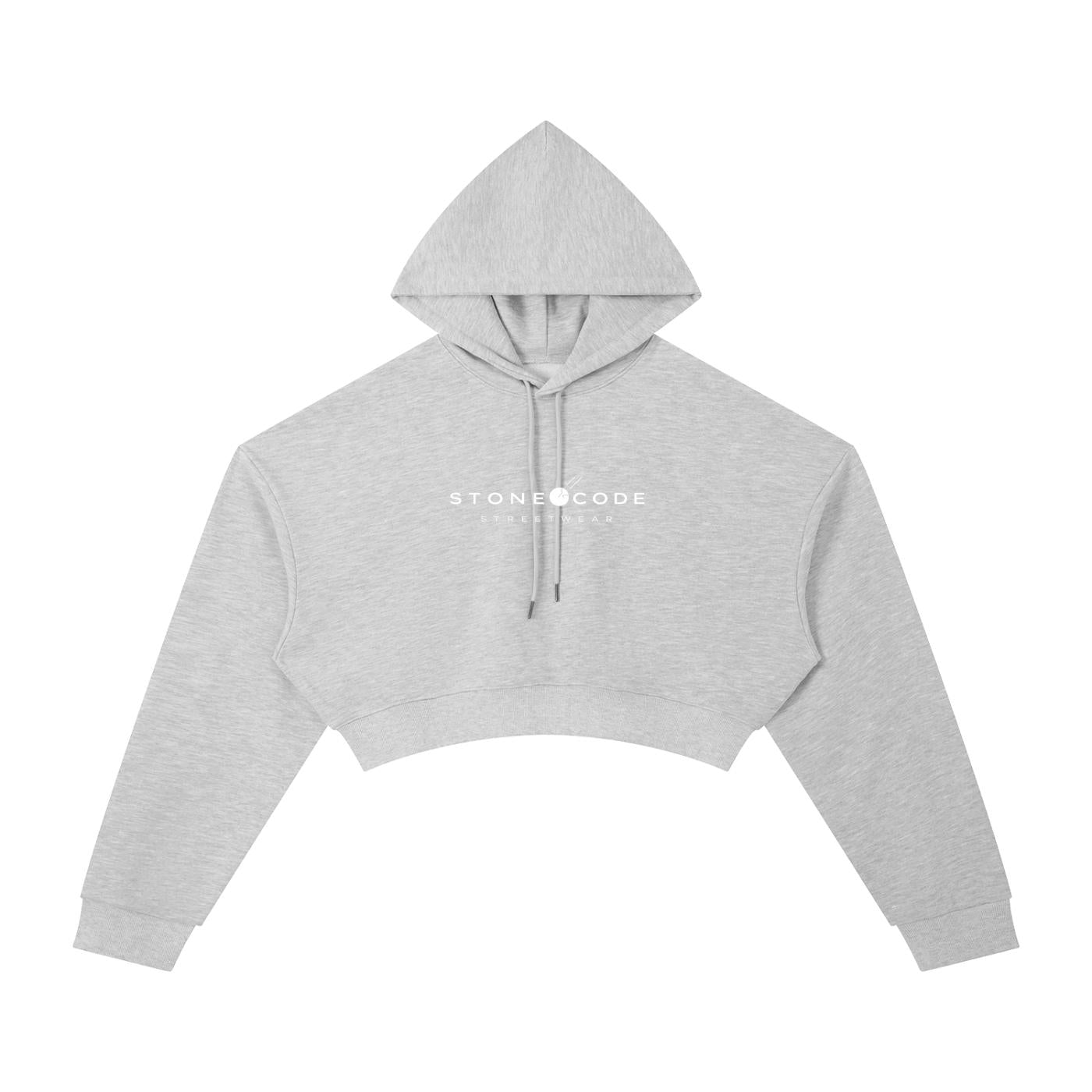 Light grey cotton blend cropped hoodie with "STONE CODE" logo, drawstring hood, and long sleeves.