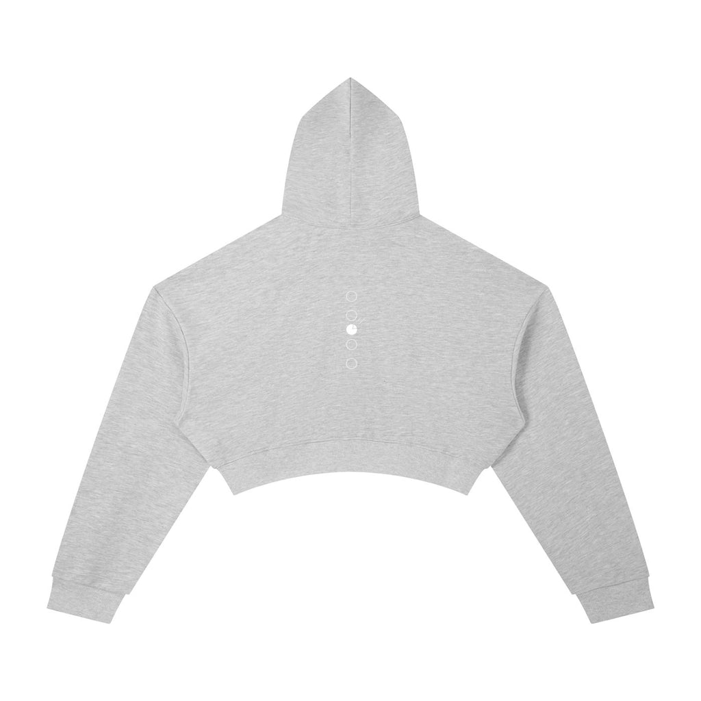 Light grey oversized cropped hoodie with drop shoulders, long sleeves, and a subtle white graphic on the back.