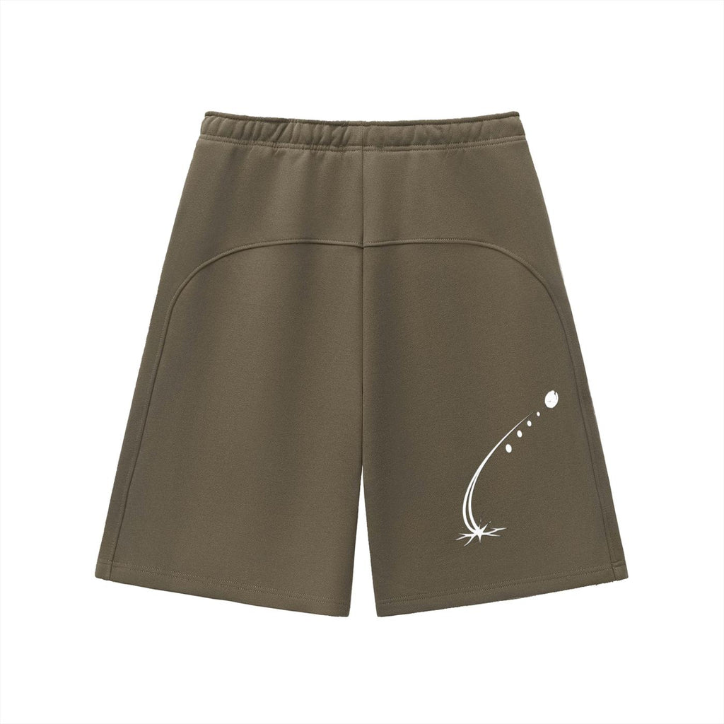 Essential heavyweight olive green fleece shorts with a white graphic print.