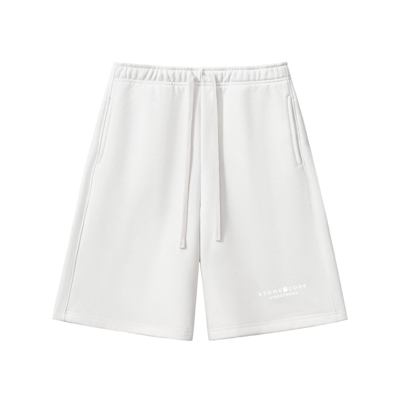 White heavyweight fleece shorts with drawstring waist, pockets, and "STONE CODE STREETWEAR" logo.