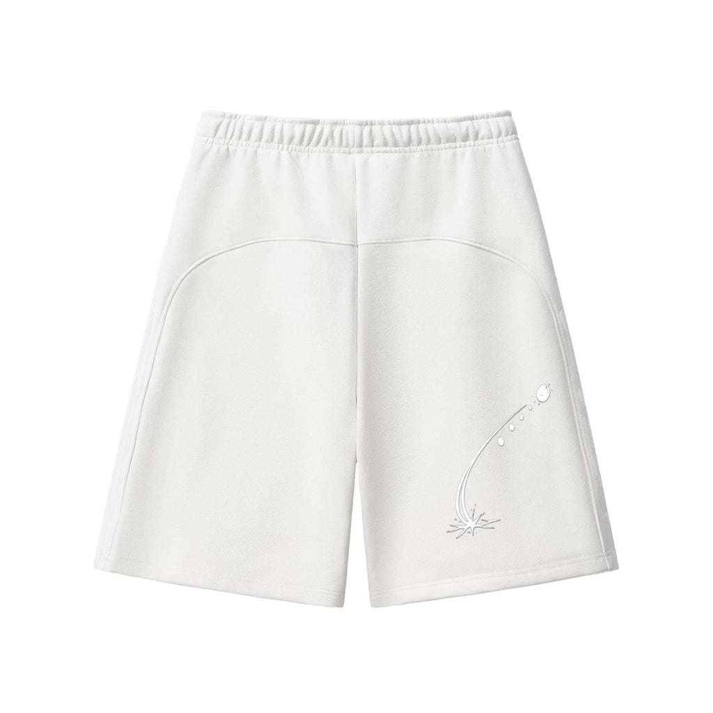 White heavyweight fleece shorts with elastic waist and subtle graphic print.
