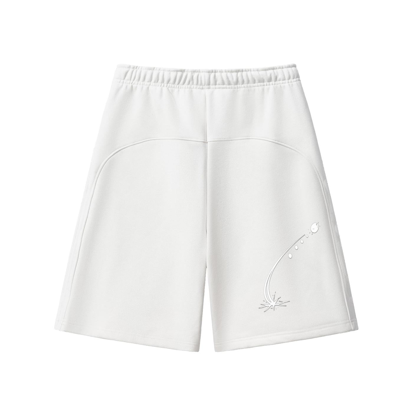 White heavyweight fleece shorts with elastic waist and subtle graphic print.