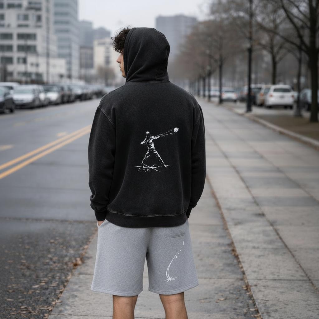Unisex model wearing a black heavyweight fleece hoodie with a white graphic print on the back and gray fleece shorts with a white graphic.