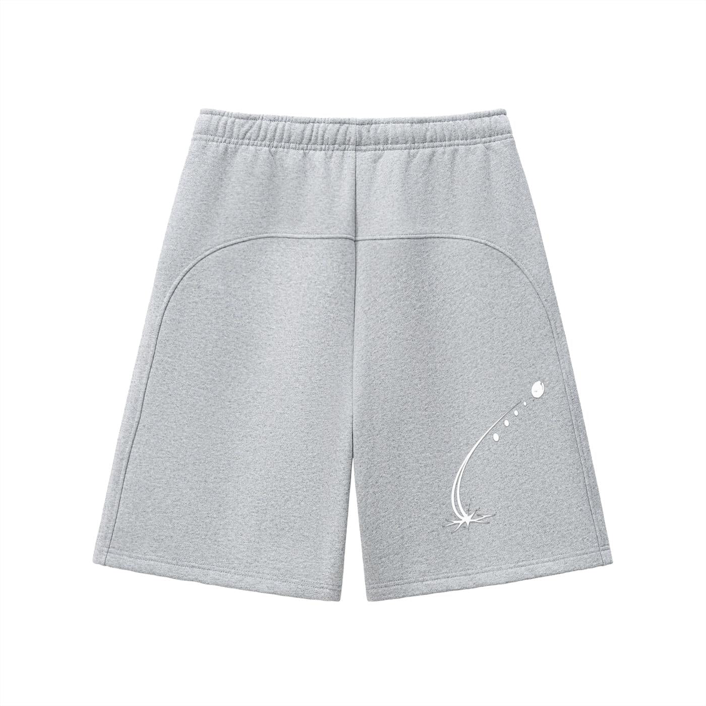 Grey heavyweight fleece shorts with an elastic waistband and a white graphic print on the left leg.