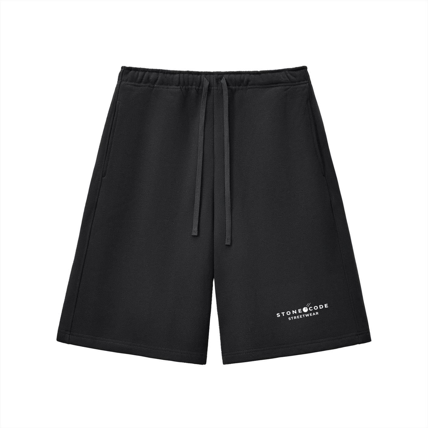 Black heavyweight fleece shorts with drawstring waist, pockets, and "STONE CODE STREETWEAR" logo.