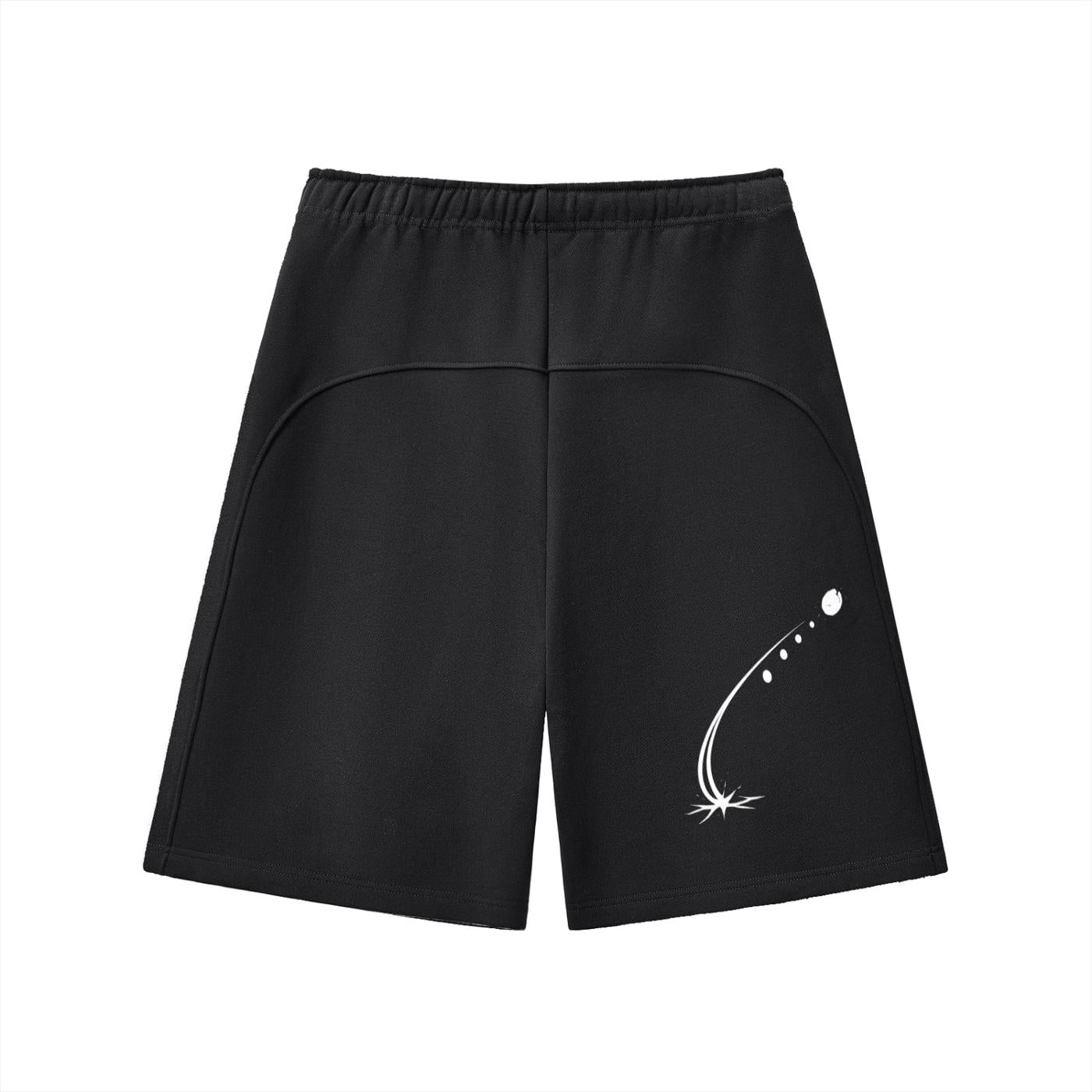 Black heavyweight fleece shorts with an elastic waist and a white graphic print on the left leg.