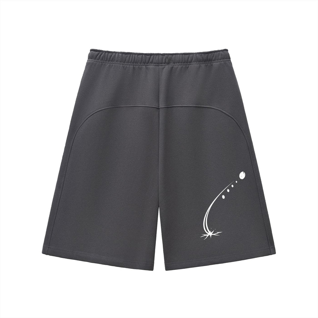 Dark gray heavyweight fleece shorts with a white abstract graphic design on the lower right leg.