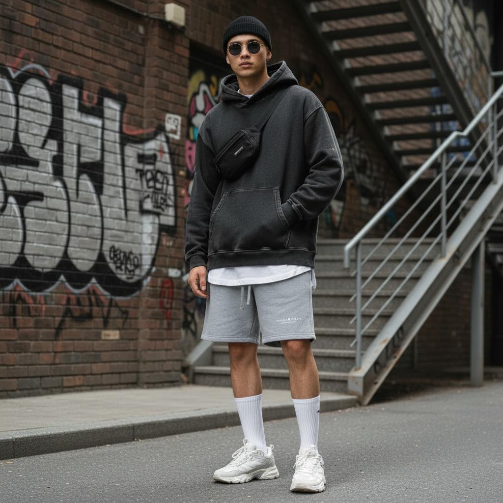 Unisex model wearing gray heavyweight fleece shorts, black oversized hoodie, beanie, and white sneakers.