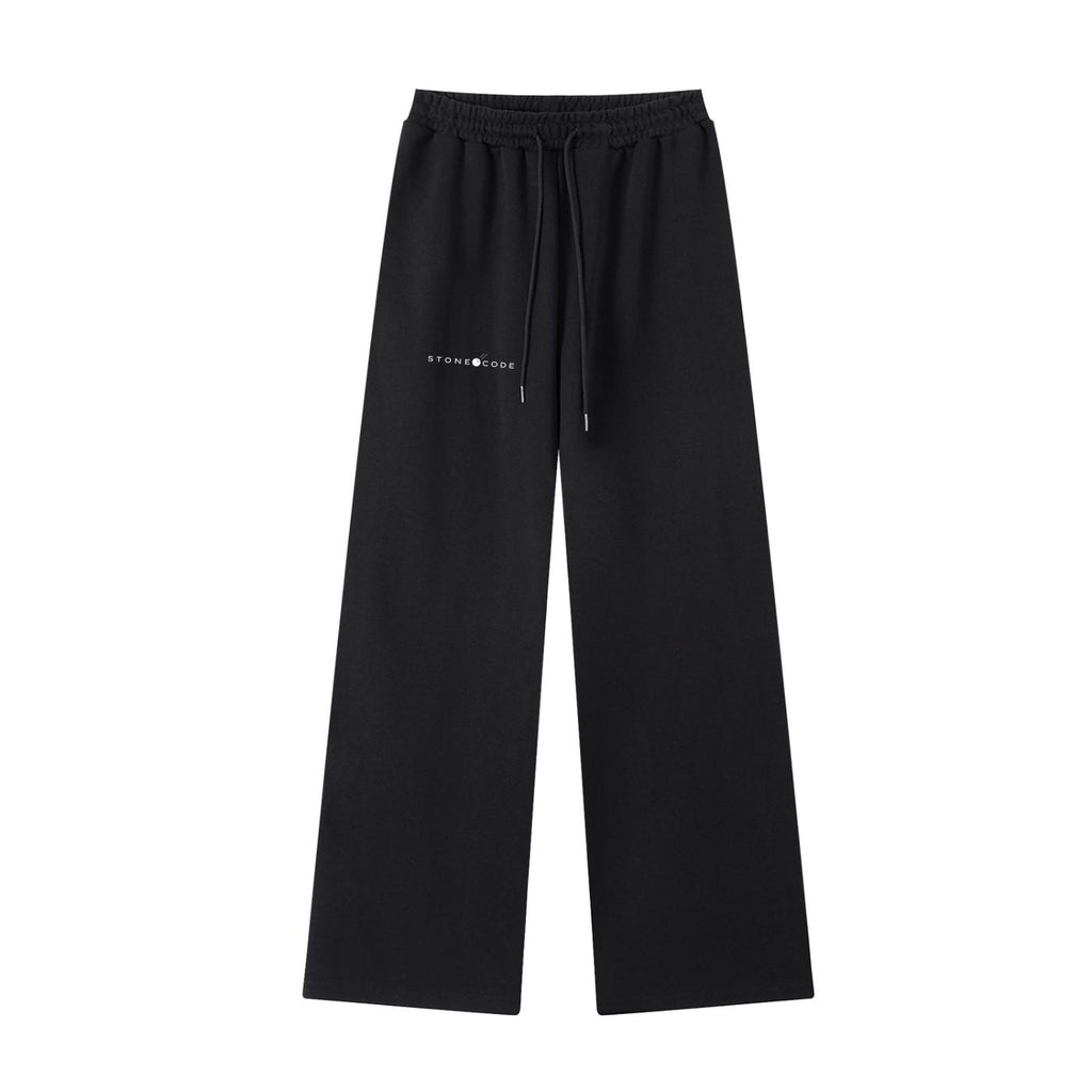 Black women's essential straight-leg sweatpants with elastic waist, drawstring, and "STONE CODE" logo.