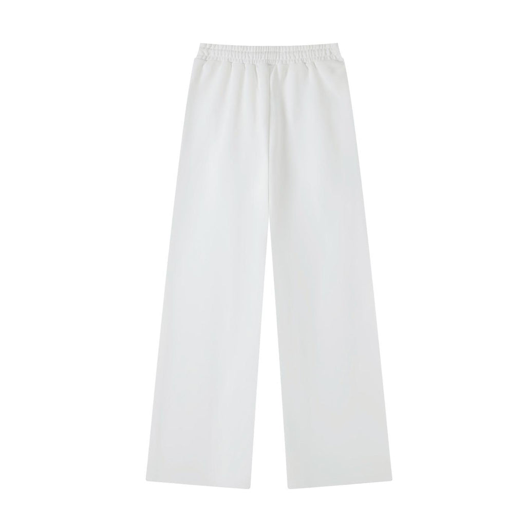 White women's essential straight-leg sweatpants with an elastic drawstring waist, made from a cotton blend.