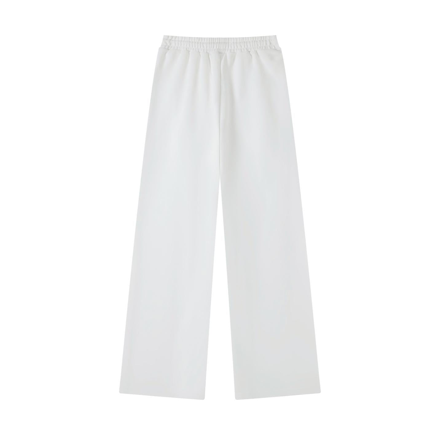 White women's essential straight-leg sweatpants with an elastic drawstring waist, made from a cotton blend.