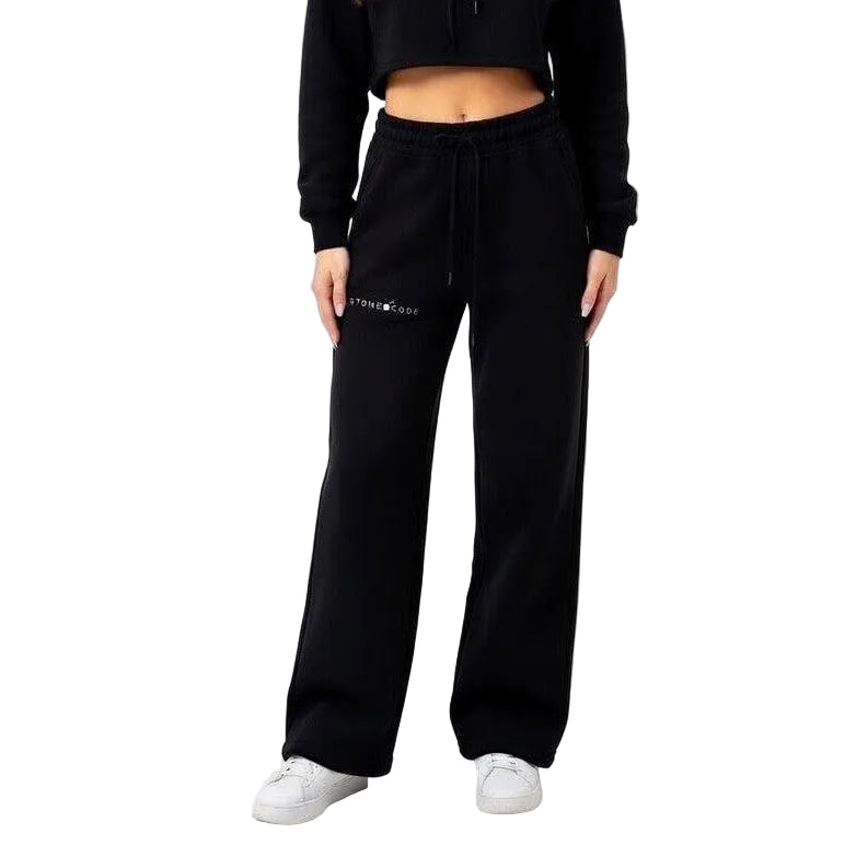 Black women's straight-leg sweatpants with elastic waist, drawstring, and small "STONE CODE" print.