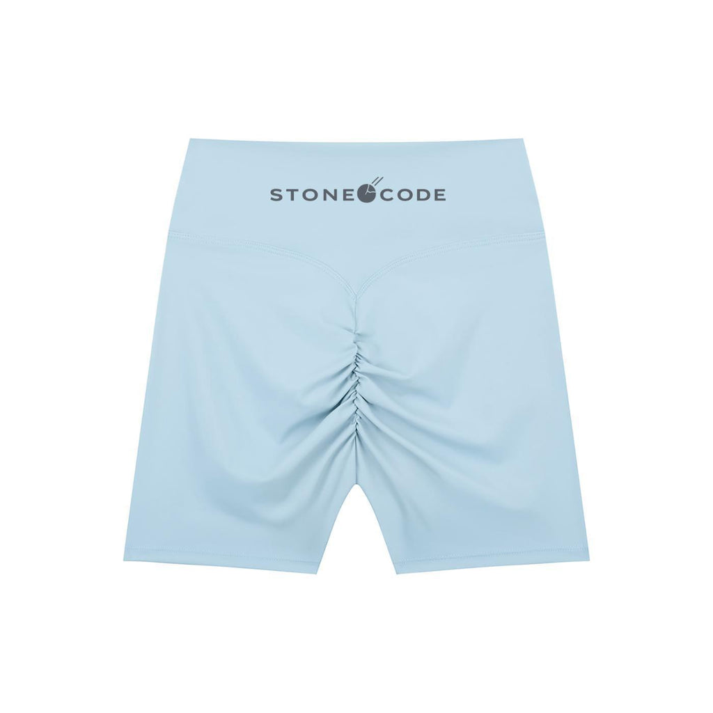 Light blue high-waisted biker shorts with Stone Code logo and ruched back detail.