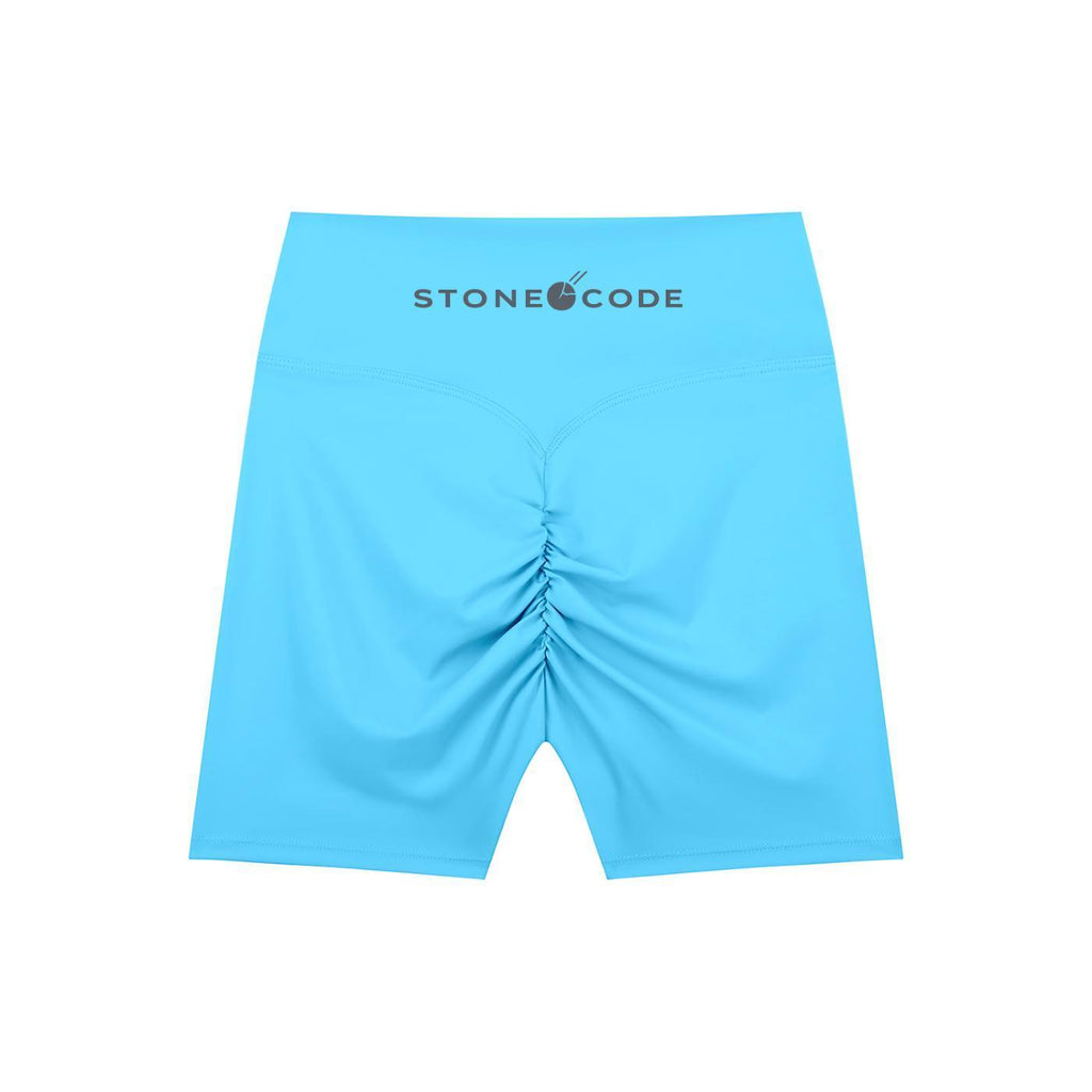 Light blue high-waisted biker shorts with a ruched back seam and "STONE CODE" logo on the waistband.