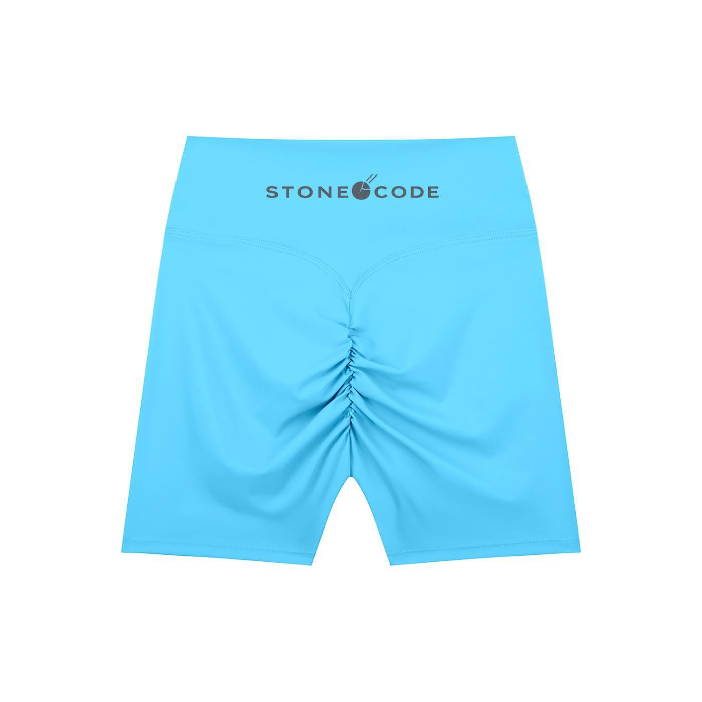Light blue high-waisted biker shorts with a ruched back seam and "STONE CODE" logo on the waistband.