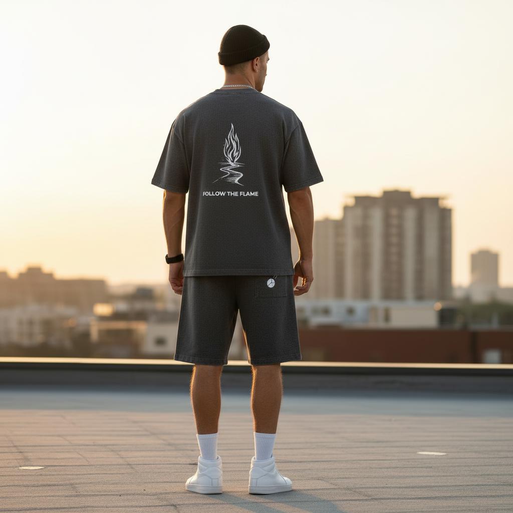 Unisex mineral wash waffle knit shorts and matching t-shirt with "Follow the Flame" graphic, worn by a model from behind.