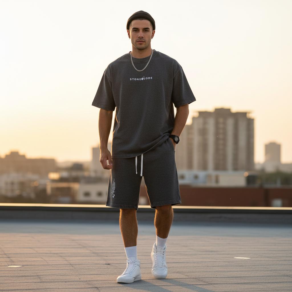 Unisex mineral wash waffle knit shorts and matching t-shirt on a model, featuring a drawstring and loose fit.