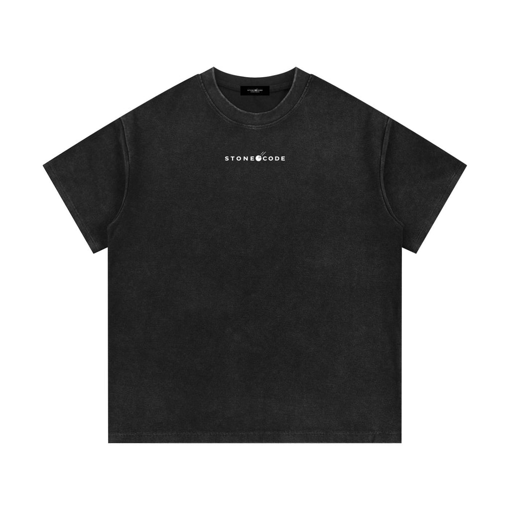 Mineral wash waffle knit t-shirt in black with white "STONE CODE" logo, round neck, and drop shoulders.