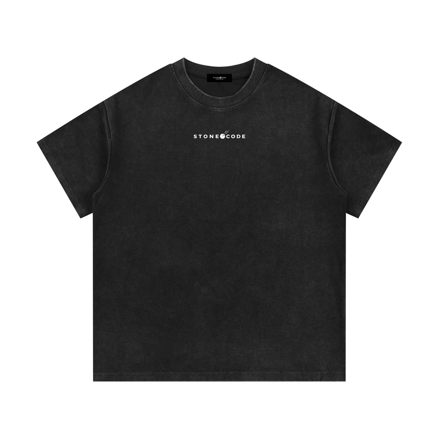 Mineral wash waffle knit t-shirt in black with white "STONE CODE" logo, round neck, and drop shoulders.