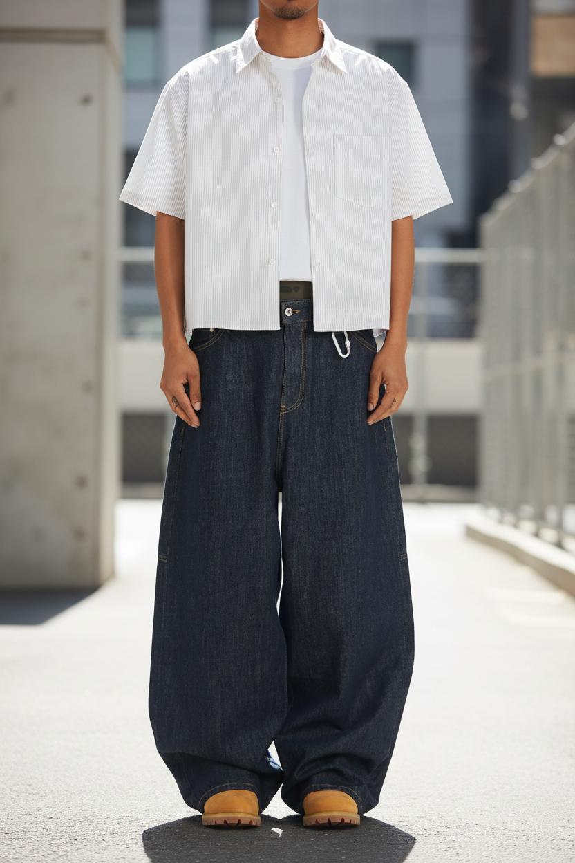 Unisex oversized white polyester boxy shirt with vertical stripes, short sleeves, and lapel collar, worn with baggy jeans.