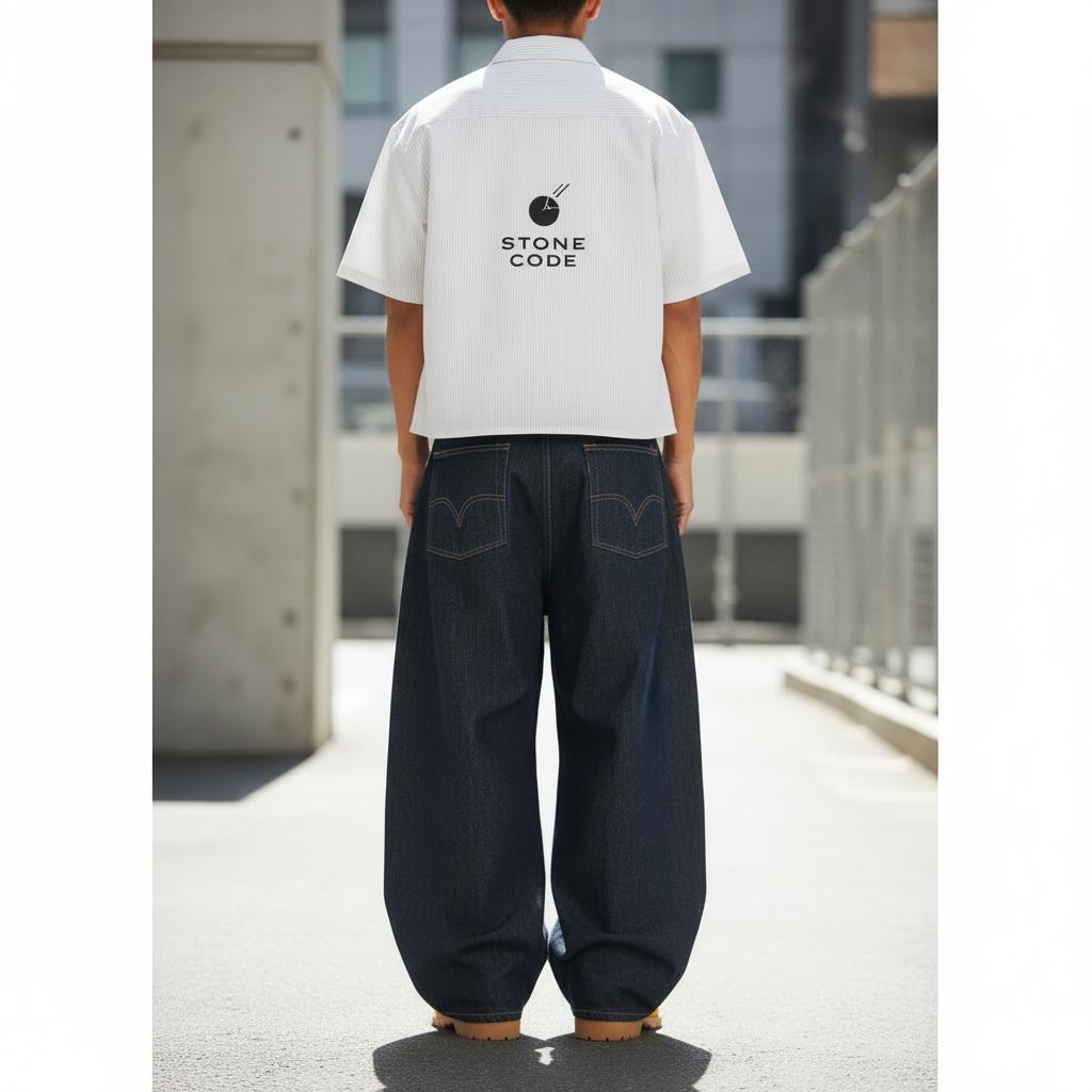 Unisex oversized white vertical stripe boxy crop shirt with black Stone Code logo on back, paired with baggy dark wash jeans.